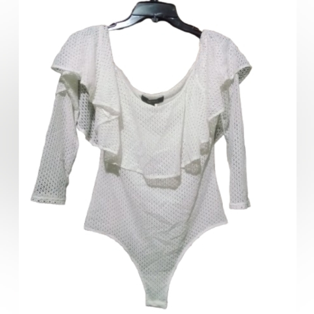 BCBGMAXAZRIA White Lace Ruffle Bodysuit